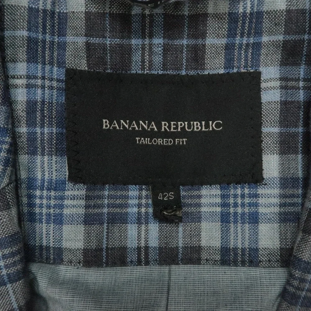 Banana Republic Blazer Mens 42S Gray Blue Plaid Linen Tailored Fit Sport Coat